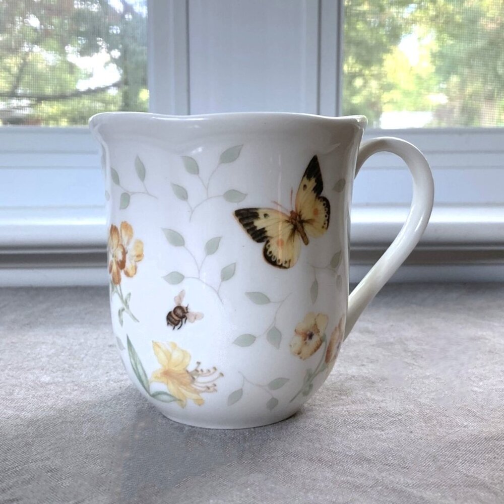 RETIRED IMAGE, Lenox "Butterfly Meadow" Tea Cup Coffee Mug, Flowers, Bumble Bees